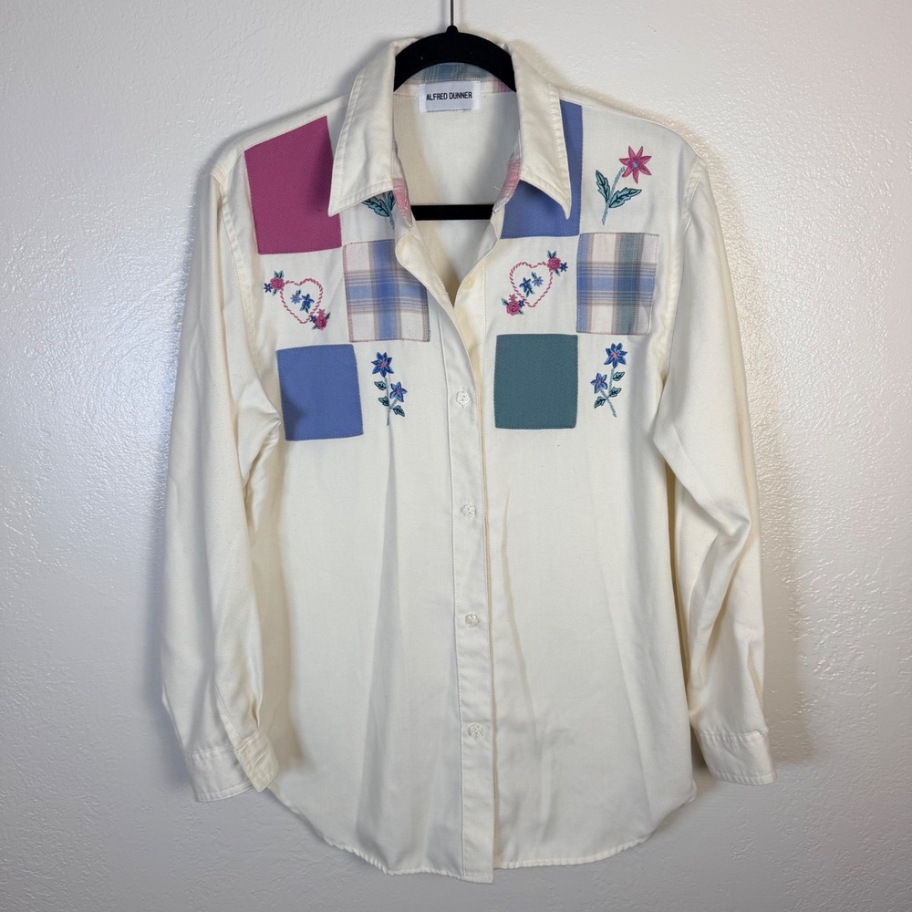 Vtg Alfred Dunner Women's L Patchwork Floral Embroidered Button Up Shirt Cottage